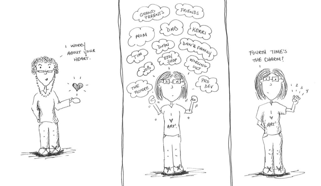 Cartoon (suedle) of Sue's story about anxiety and therapy