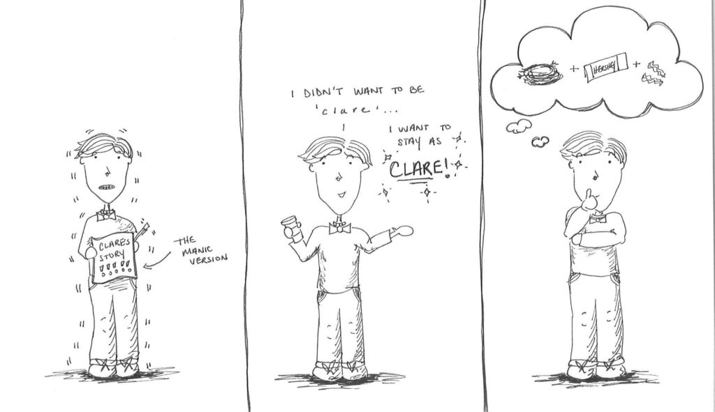 Cartoon (suedle) of Clare's story about bipolar disorder